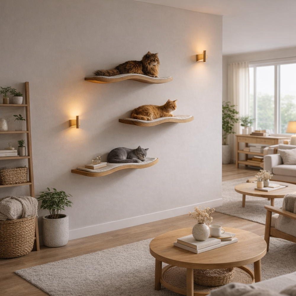 Natural Wood Cat Shelf, Indoor Cat Furniture for Home Decor