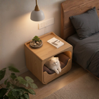 Natural Wood Cat House Nightstand, Bedside Cat Furniture