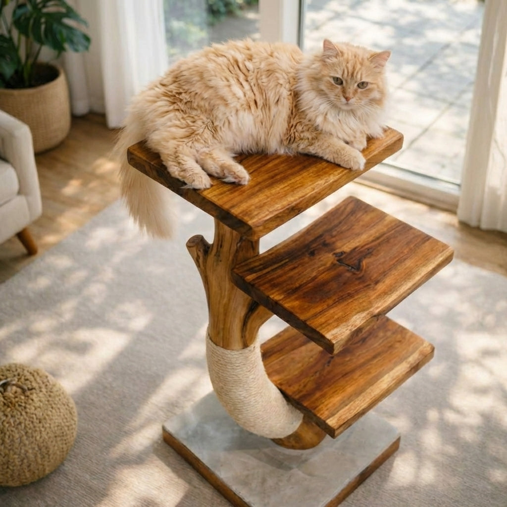 Cat Tree Tower, Modern Cat Furniture, Natural Wood Cat Tower