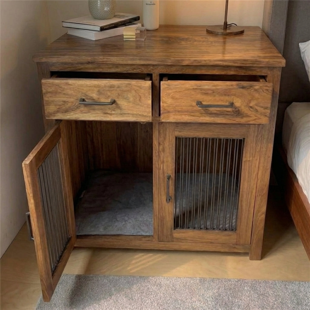 Cat House Nightstand Wooden, Modern Bedside Table with Built-In Cat Condo