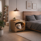 Natural Wood Cat House Nightstand, Bedside Cat Furniture