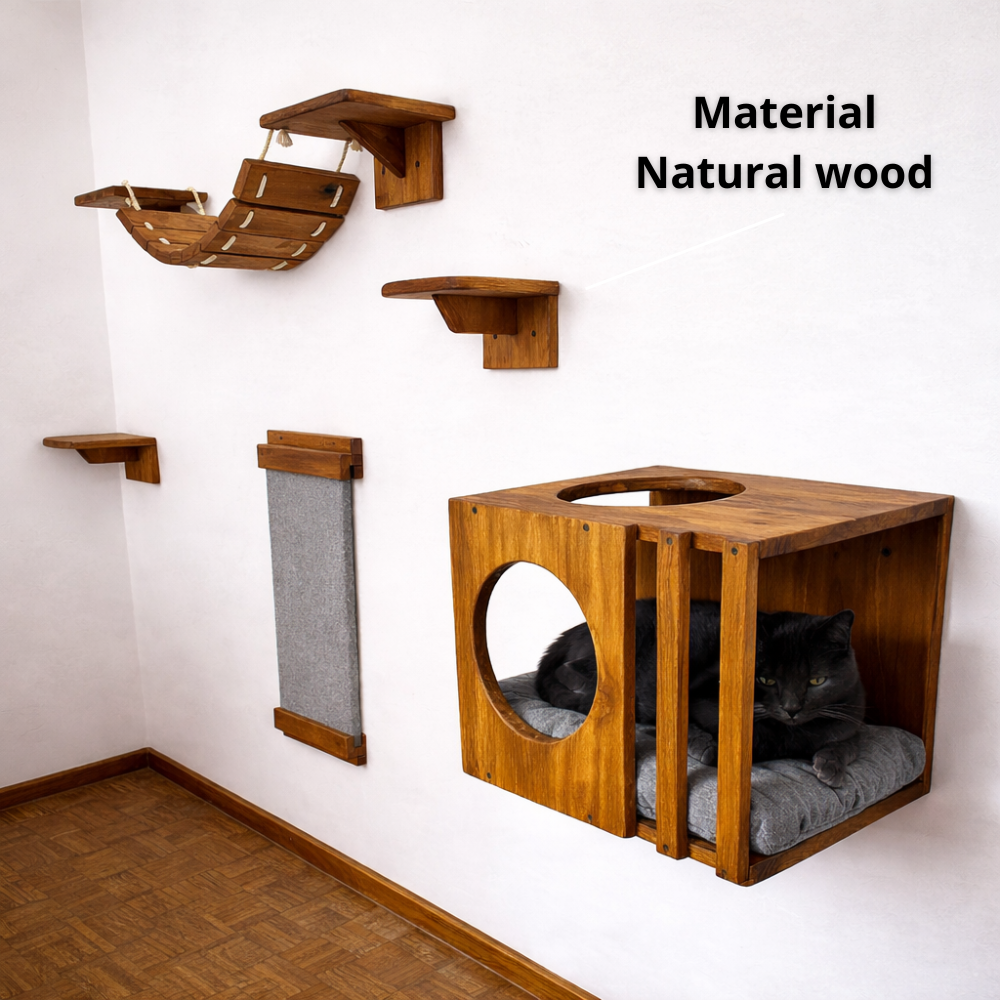 Wall Mounted Cat Playground Set, Solid Wood Cat Shelves, Cat House & Scratcher