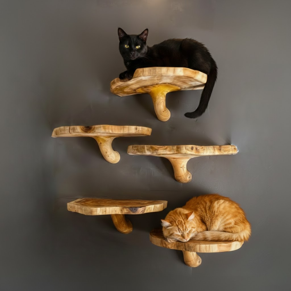 Wooden Mushroom Cat Shelf, Wall Mounted Cat Perch & Climbing Furniture